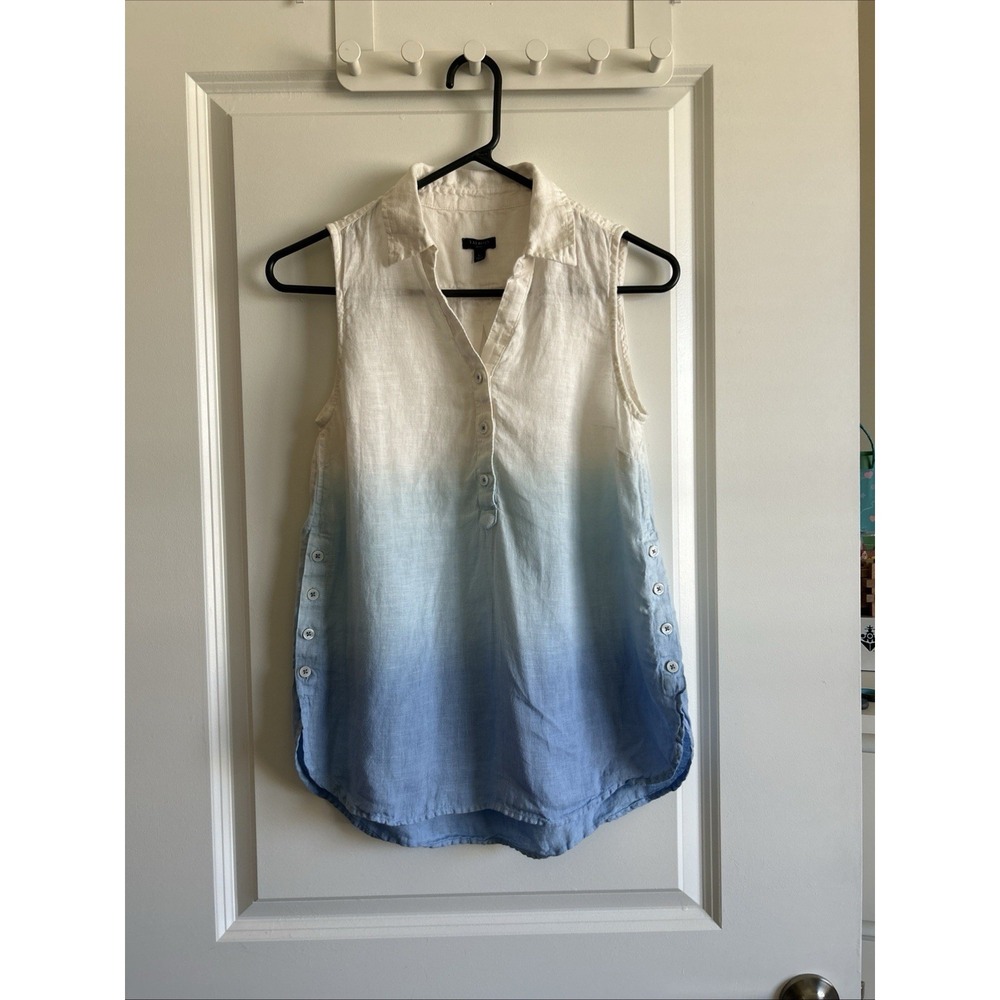 Talbots Sleeveless Linen Popover Top Blue White Ombre Side Button Tunic - Picture 2 of 8